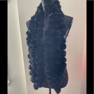 Vintage Black Rabbit Fur Pom-Pom Scarf 56x6”